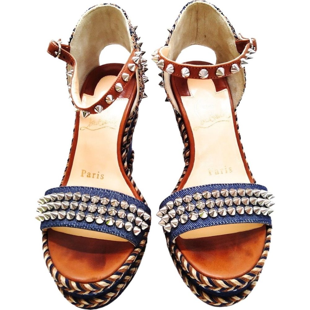 Studded Navy and Tan Women’s Ankle-Strap Sandals